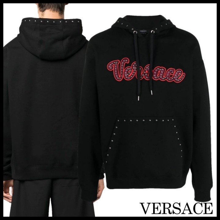 関税送料込◆VERSACE◆スタッズ ロゴ パーカーフーディ