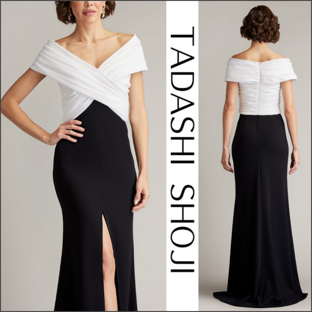 関税送料込【TADASHI SHOJI】ロングドレス プリーツ ブラック/WH