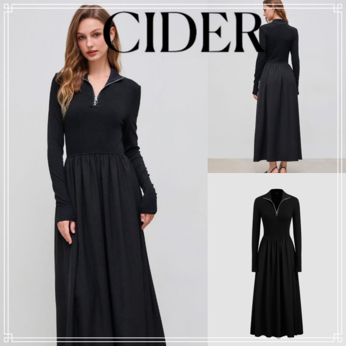 【Cider】パターン 切替 ジップ マキシ ワンピース