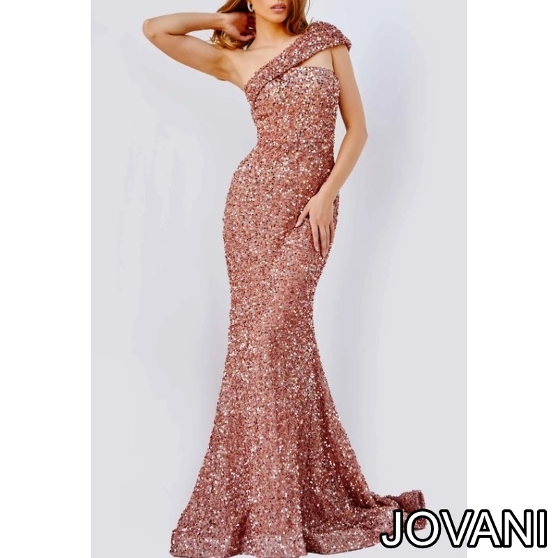 JOVANI SALE ワンショルダーシークインレースロングドレス