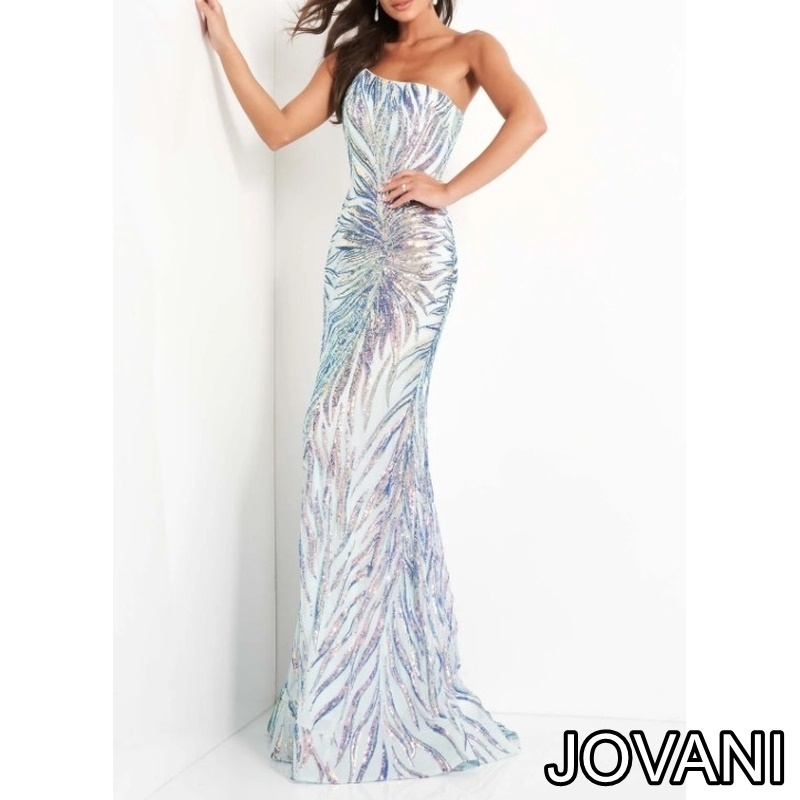 JOVANI SALE シークインレースワンショルダーカラードレス