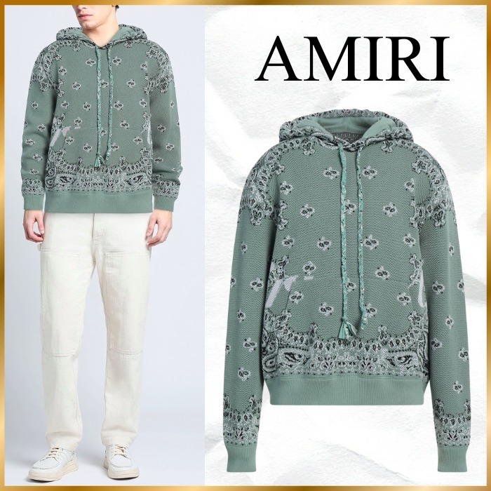 大人気◆AMIRI◆Bandanaコットンニット フーディ セージグリーン