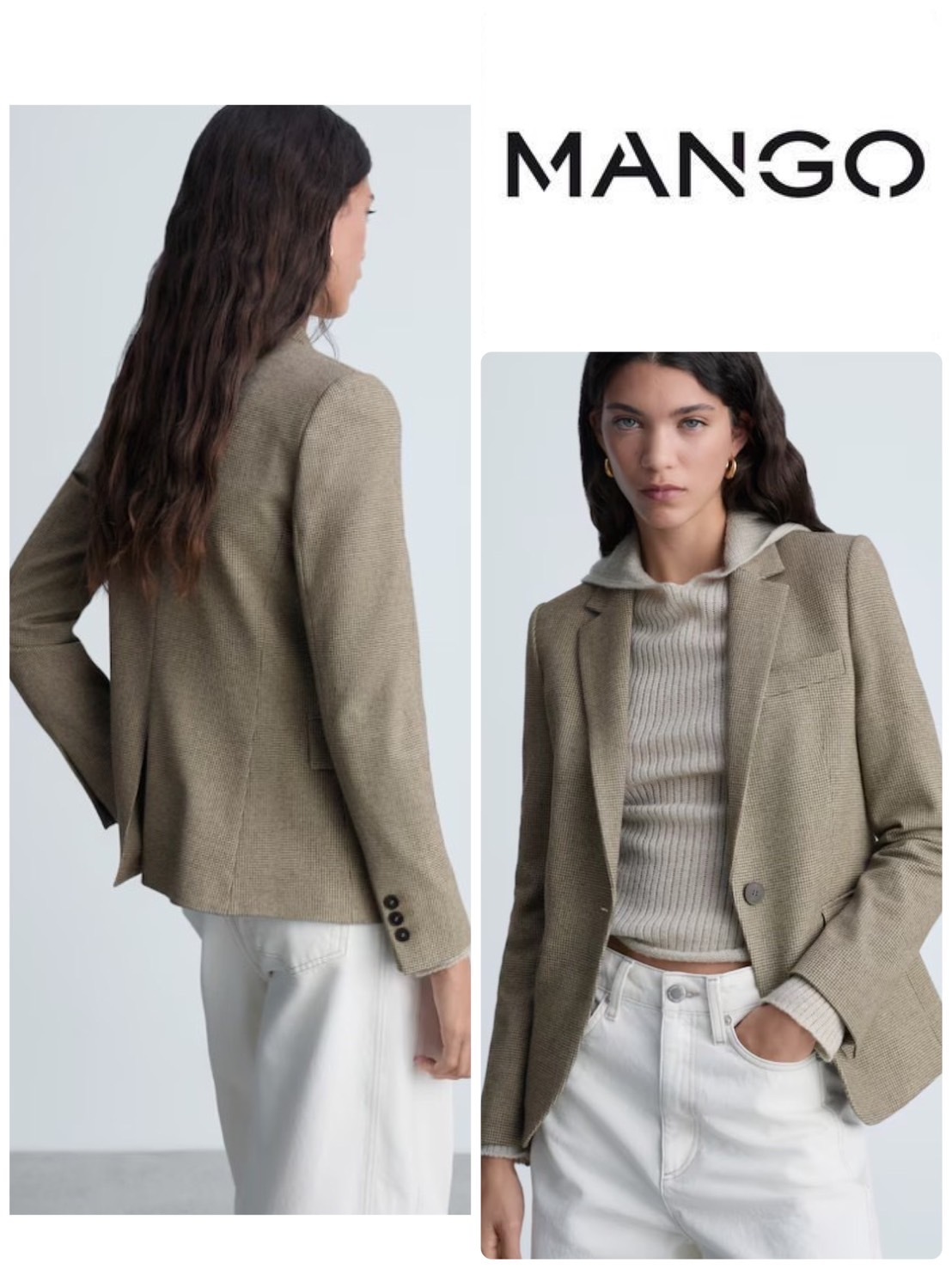 スペイン発送 MANGO フィットマイクロ千鳥格子ブレザー ブラウン