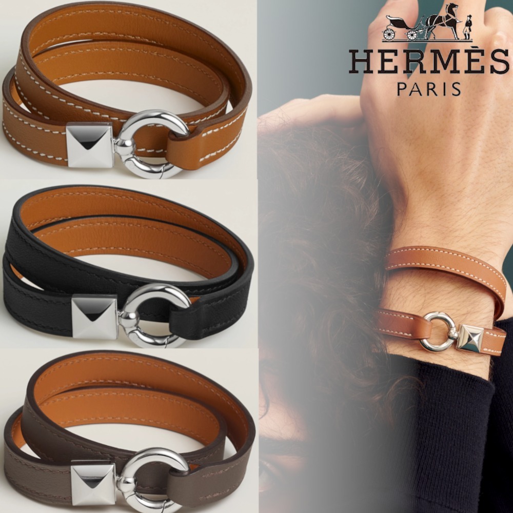 25新作 HERMES レザーブレスレット メンズ メドールXO