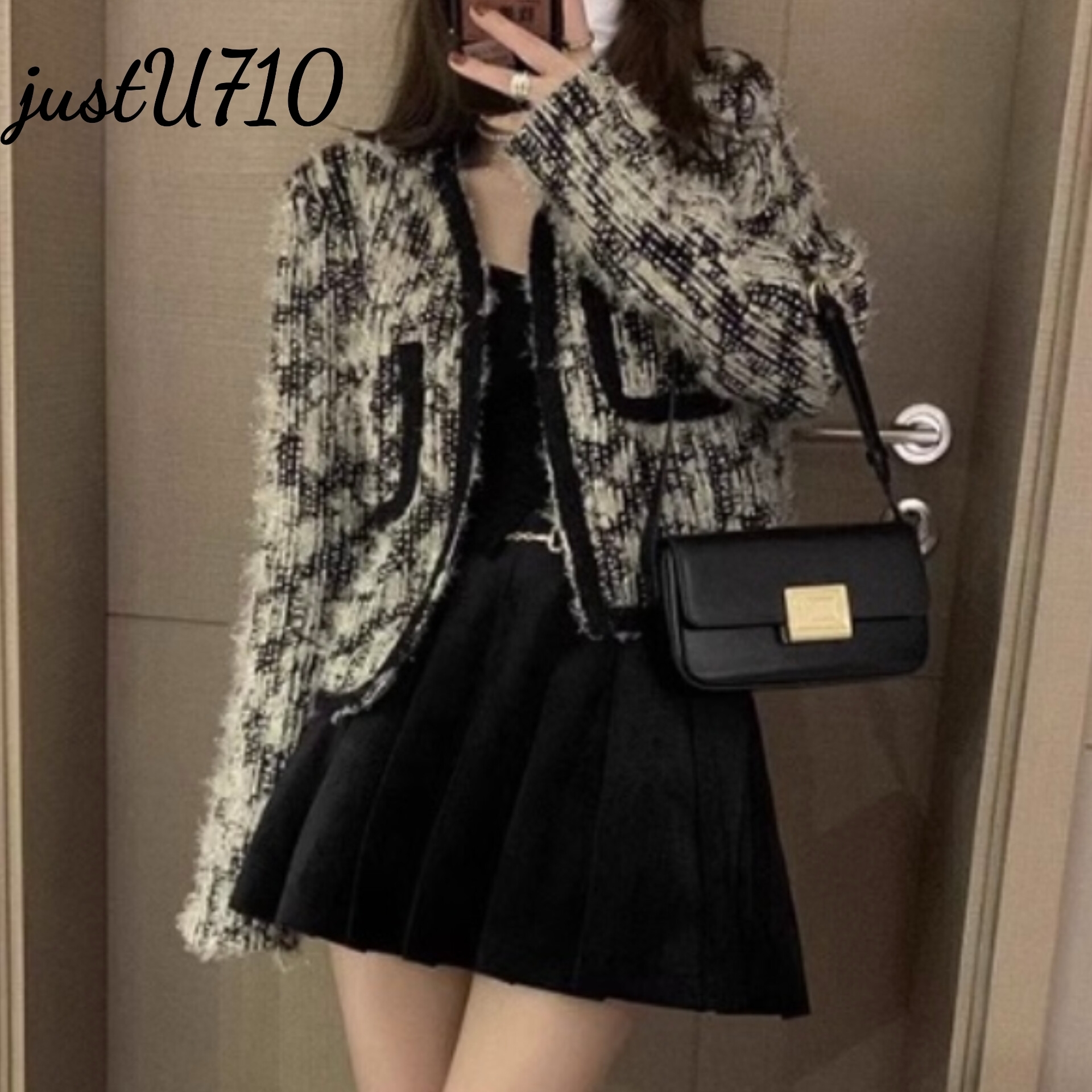 ジャケット 総柄 ショート ツイード 長袖 韓国 SALE