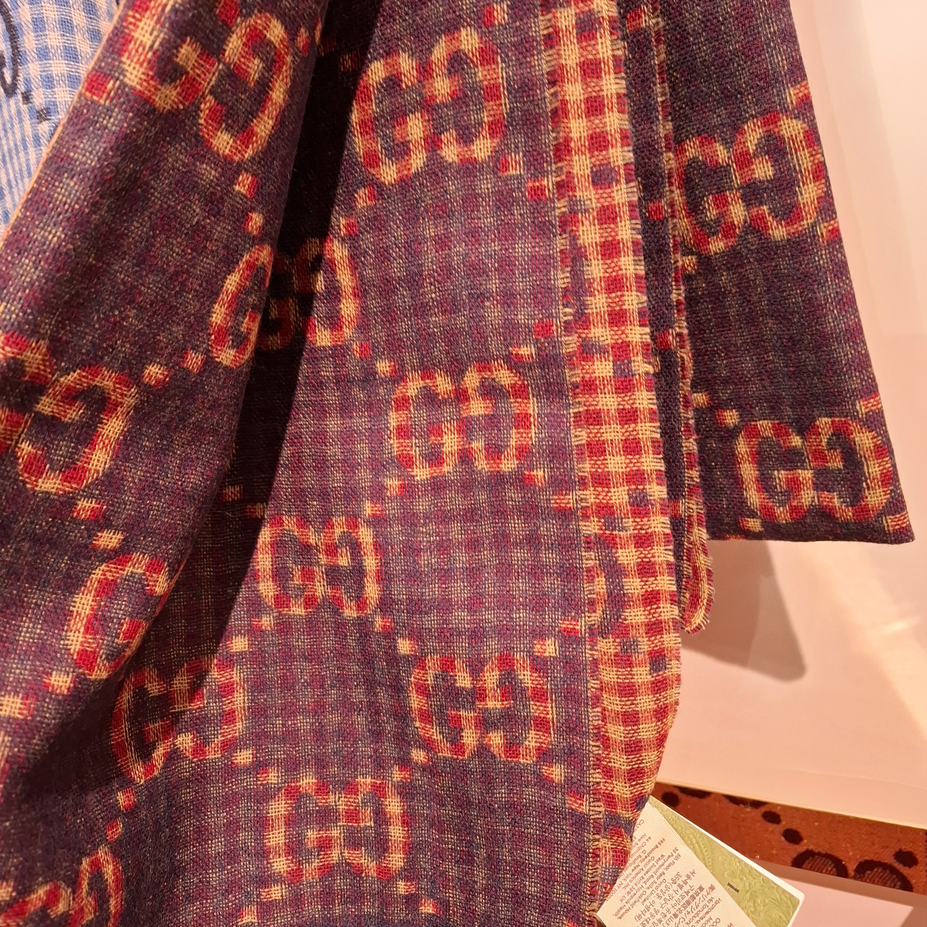 GUCCI チェック柄マフラー 赤黒 約35x180