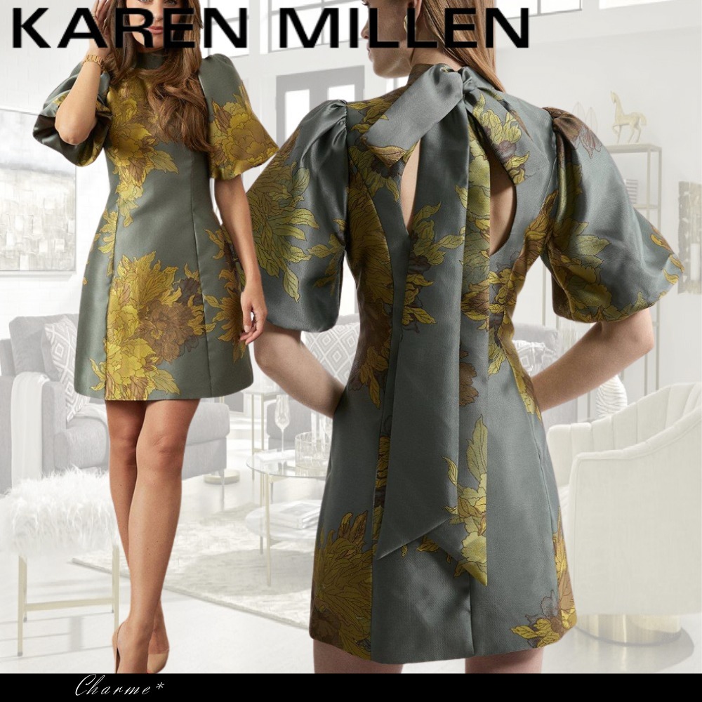 KAREN MILLEN ミニ丈ドレス ワンピース 花柄 ハイネック 半袖
