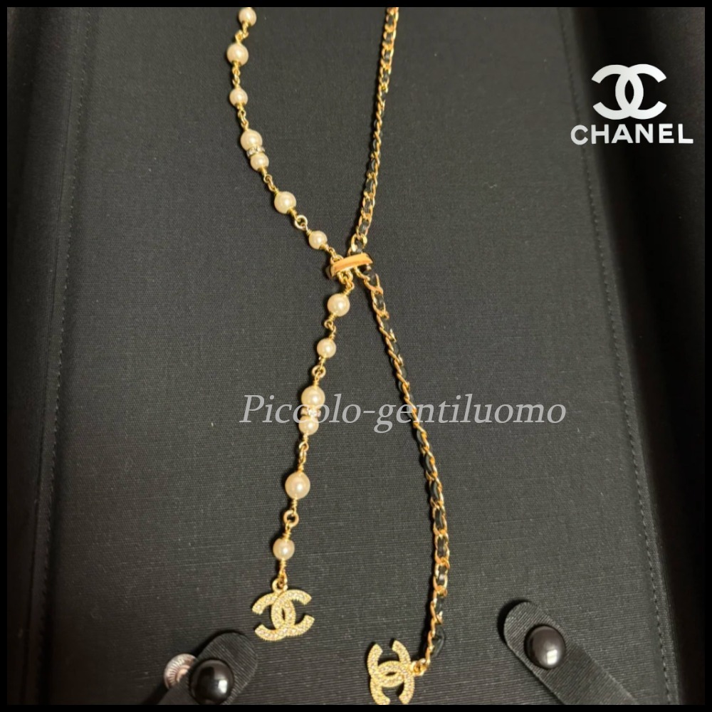 【レザー×パールがお洒落】シャネル ロングネックレス ゴールド