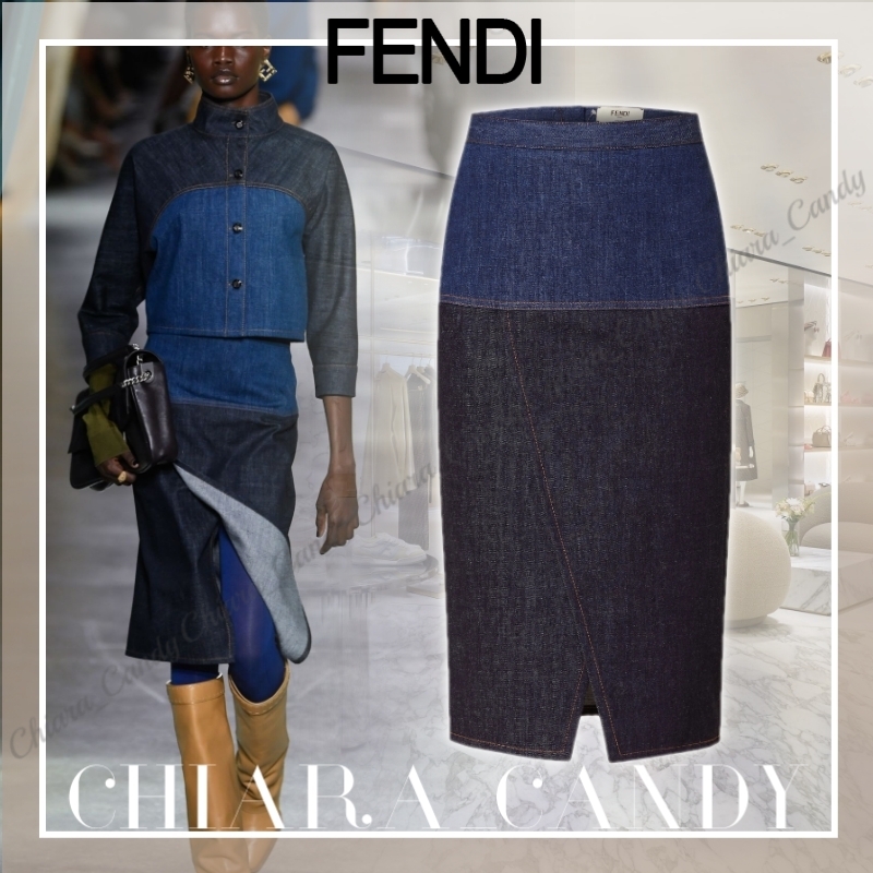 【24AW NEW】FENDI_women / バイカラー デニムミディスカート