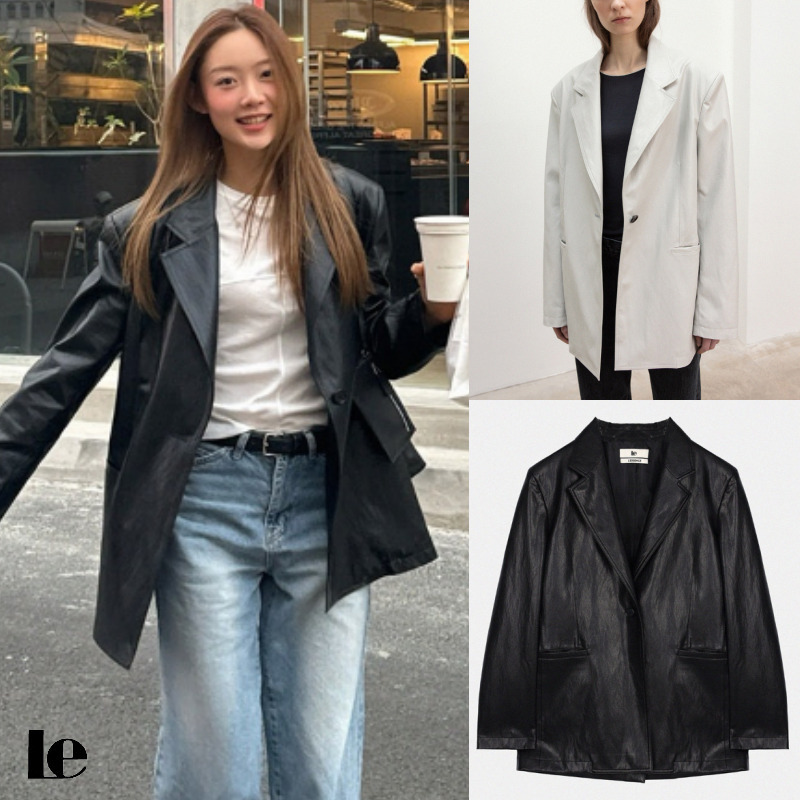 【Le】Faux leather over-fit blazer