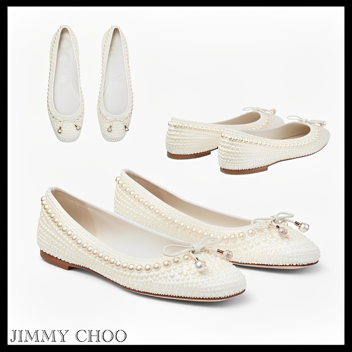 JIMMY CHOO Elme Flat パール付き サテン フラットシューズ