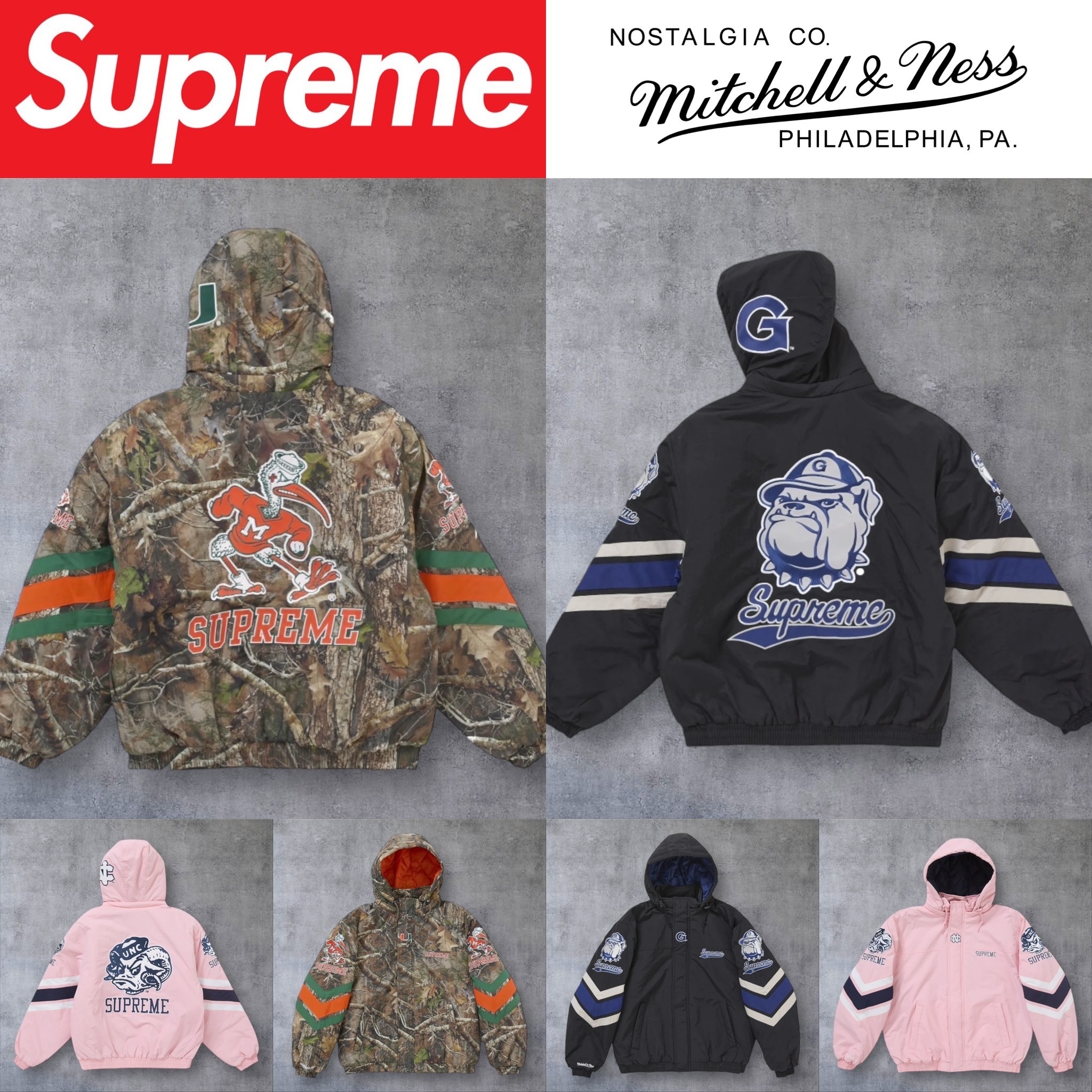【2024FW】Supreme Mitchell & Ness NCAA Hooded Stadium Jacket