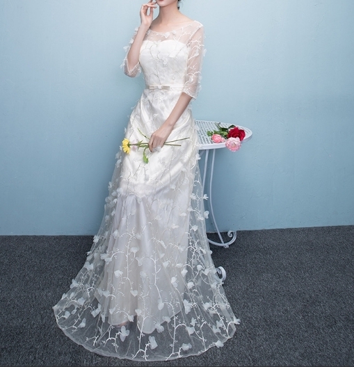 シアー 花柄 ウエディングドレス ロング丈 結婚式 3色 韓国