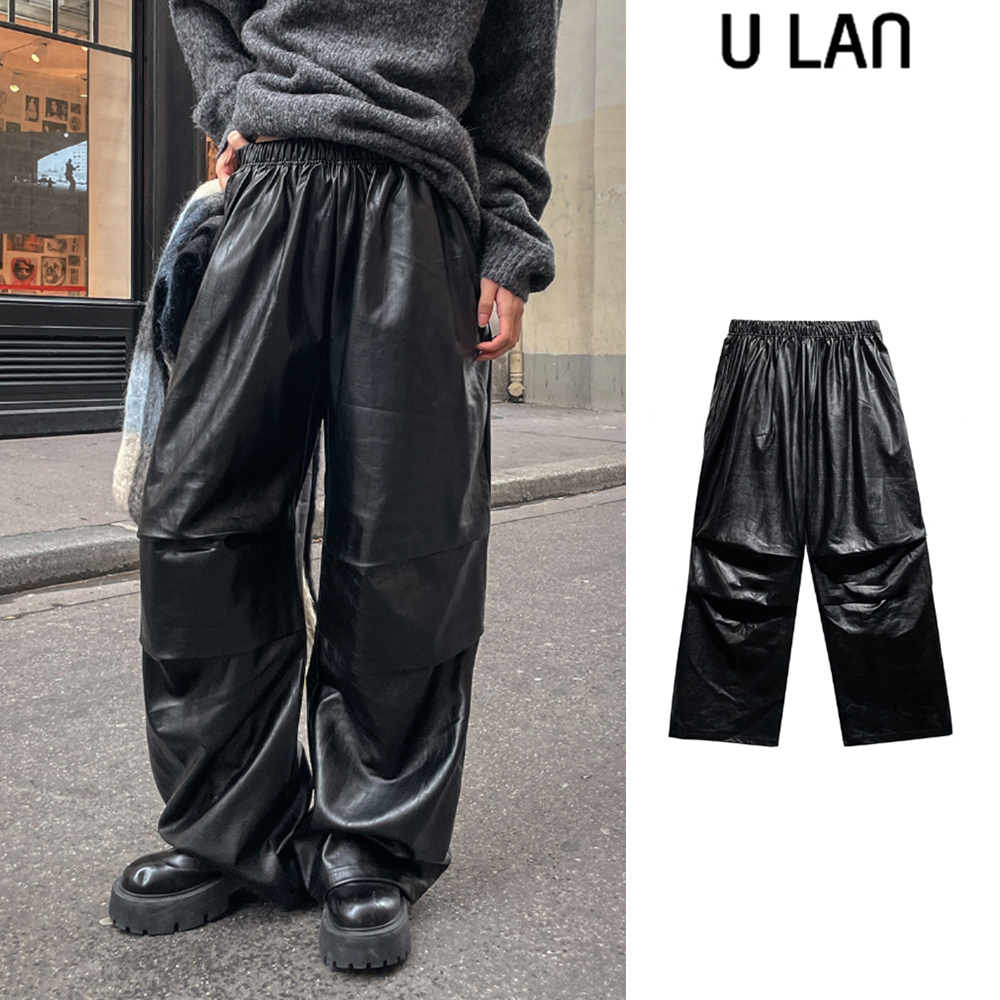 【U LAN】Cali Pintuck Leather Wide Pants
