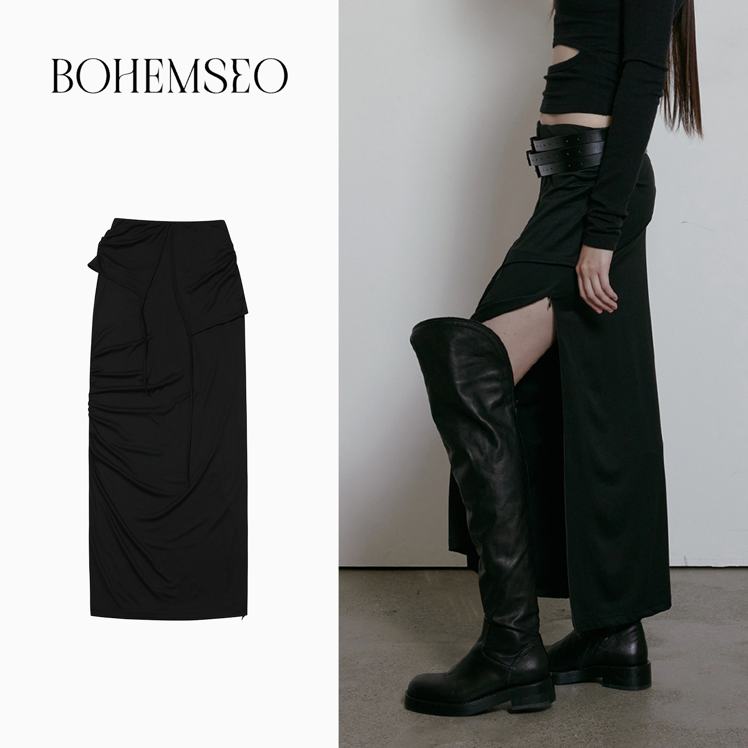 スカート BOHEMSEO : 24FW / LAYERED SHIRRING MAXI SKIRT (BLACK)