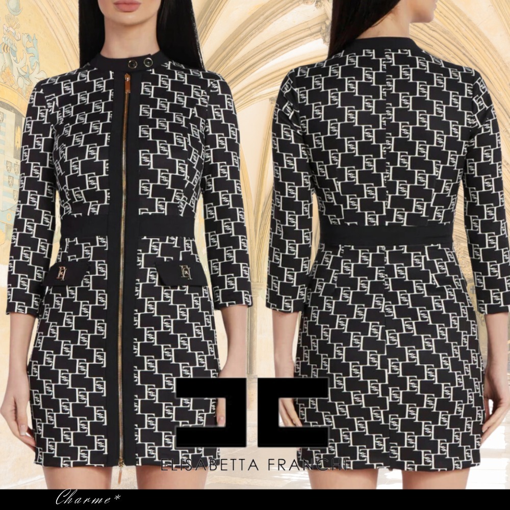 ELISABETTA FRANCHI ロゴ フロントジップ付 タイトミニドレス