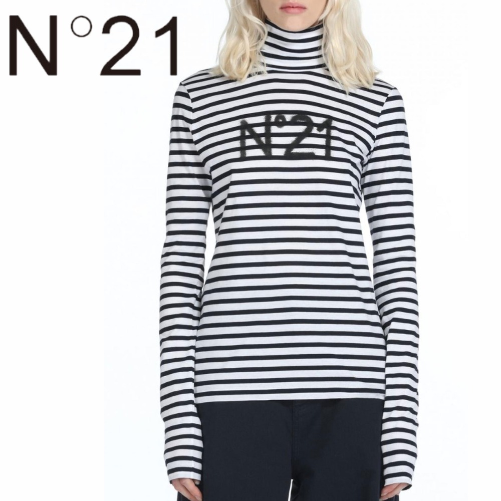 関税送料込♪N°21/ロゴ入りストライプタートルネック