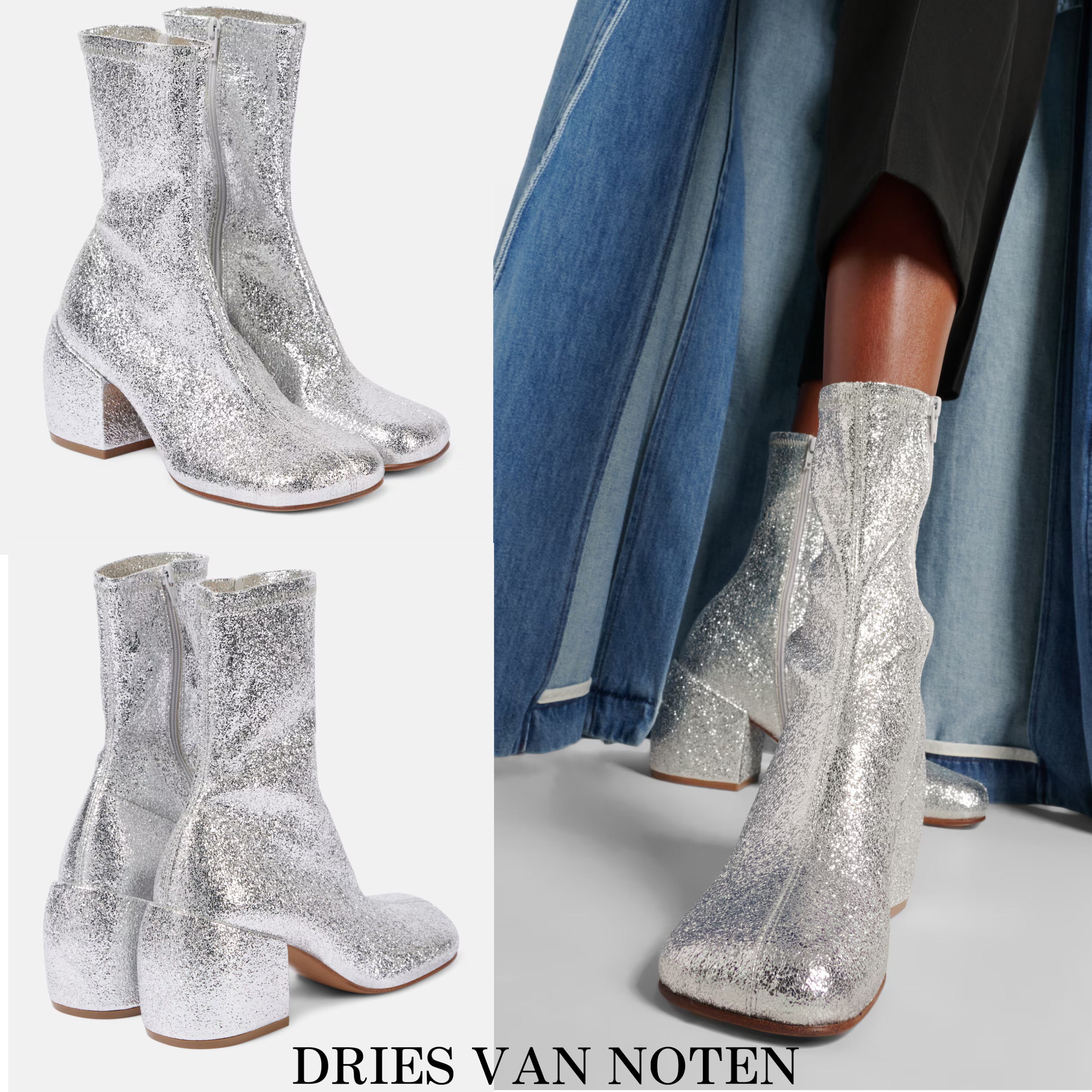 新作*DRIES VAN NOTEN* アンクルブーツ 65 メタリックシルバー
