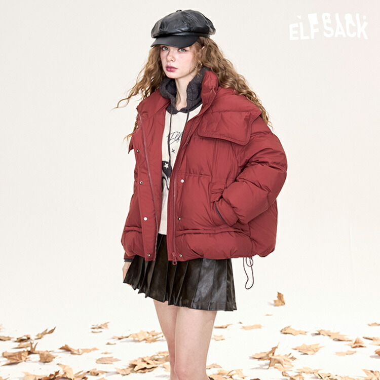ELFSACK ダウンジャケット ダウン90% フード付 レトロ レッド