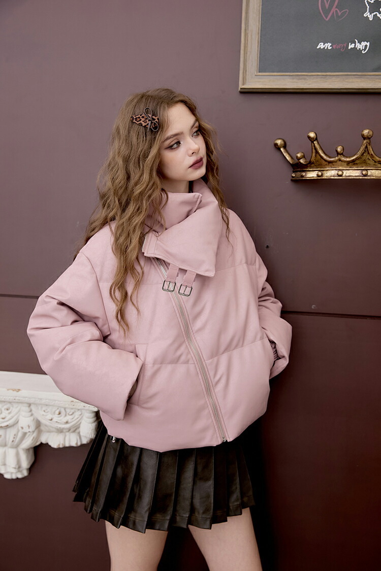 ELFSACK ダウンジャケット フェイクレザー ショート ダウン90% ELFSACK ダウンジャケット ダウン90% PU レザー ショート