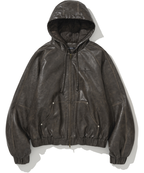 ジャケットその他 NOT4NERD Crop Leather Vintage Hooded Jacket Brown JKBY075BR