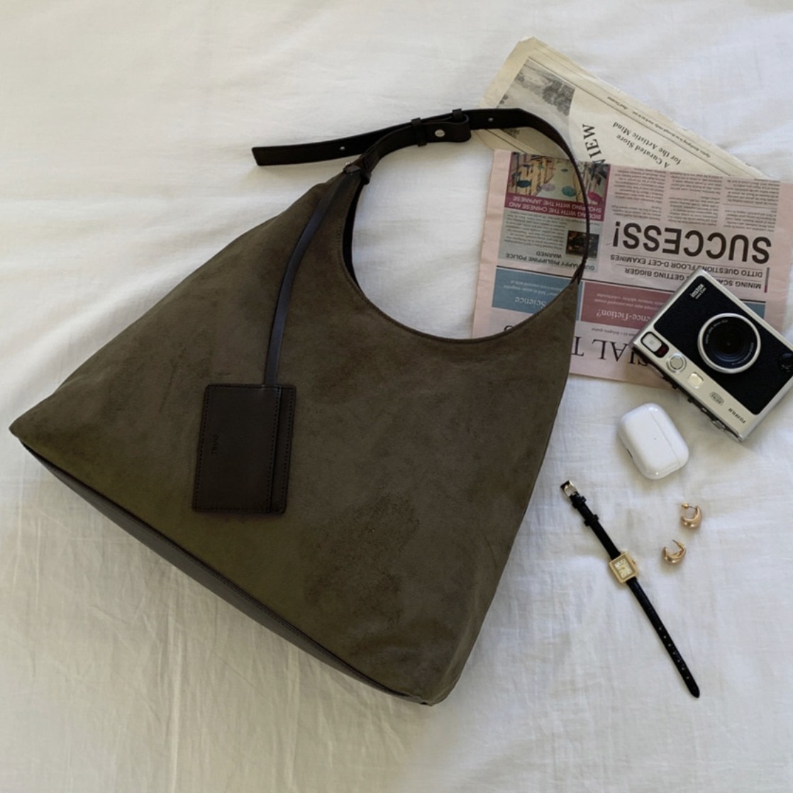 OVHEE Flume Suede Hobo Bag Khaki Brown/ショルダーバッグ 韓国