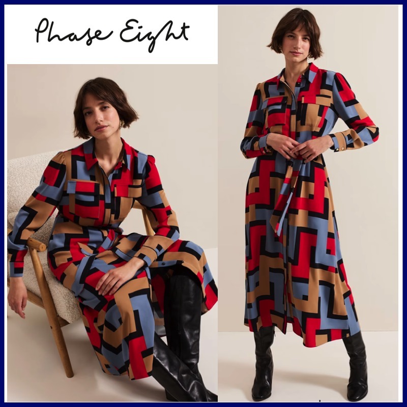 【PHASE EIGHT】華やか☆ジオメタリック柄シャツワンピース