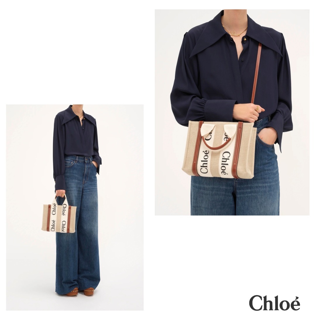 Chloe｜リネン製 WOODY スモール トートバッグ（現行品）