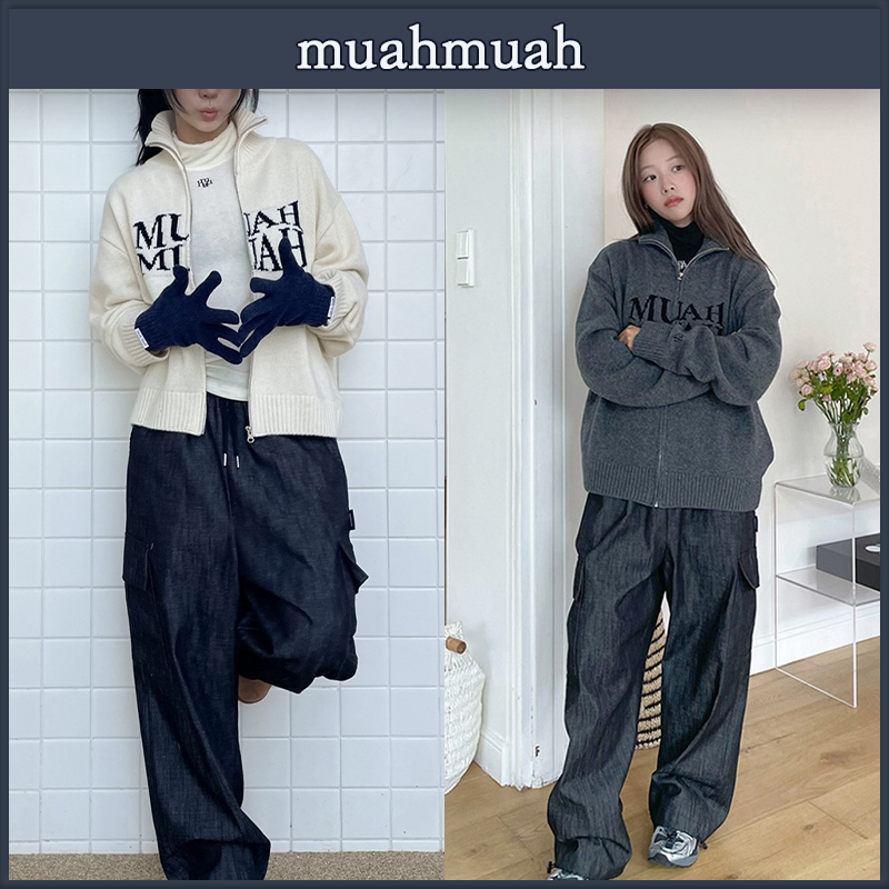 【muahmuah】★人気★ラムスウールジャカードニットジップアップ