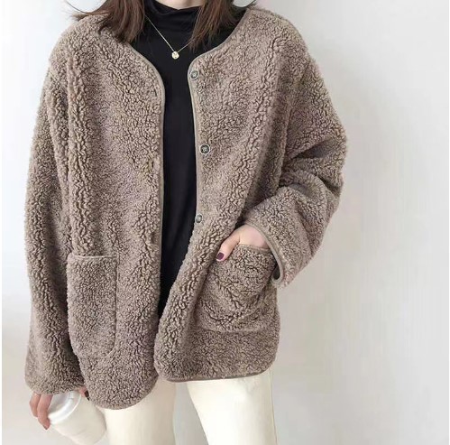 韓国 モコモコ ボアフリース ノーカラー ジャケット シンプル