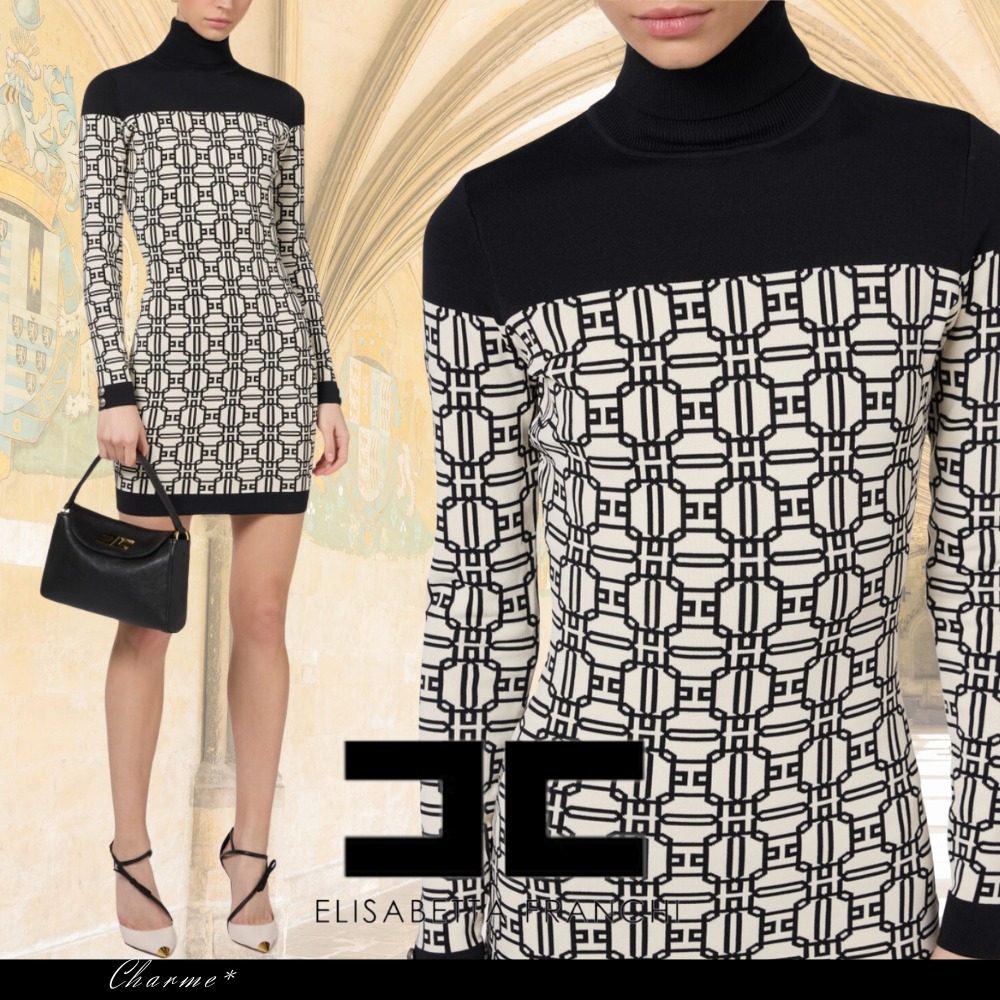 ELISABETTA FRANCHI ロゴ タートルネック タイト ミニワンピース