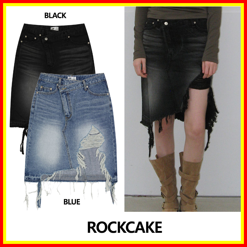[ROCKCAKE] Damage Denim Midi skirt /追跡付