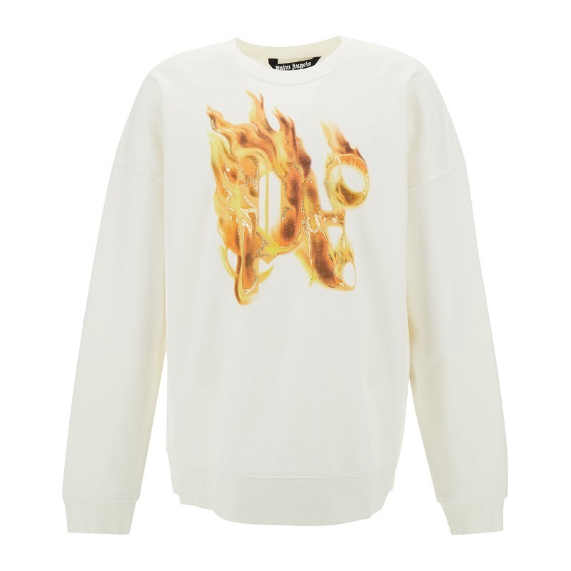 Tシャツ・カットソー Palm Angels BURNING MONOGRAM CREWNECK OFF WHITE GOLD