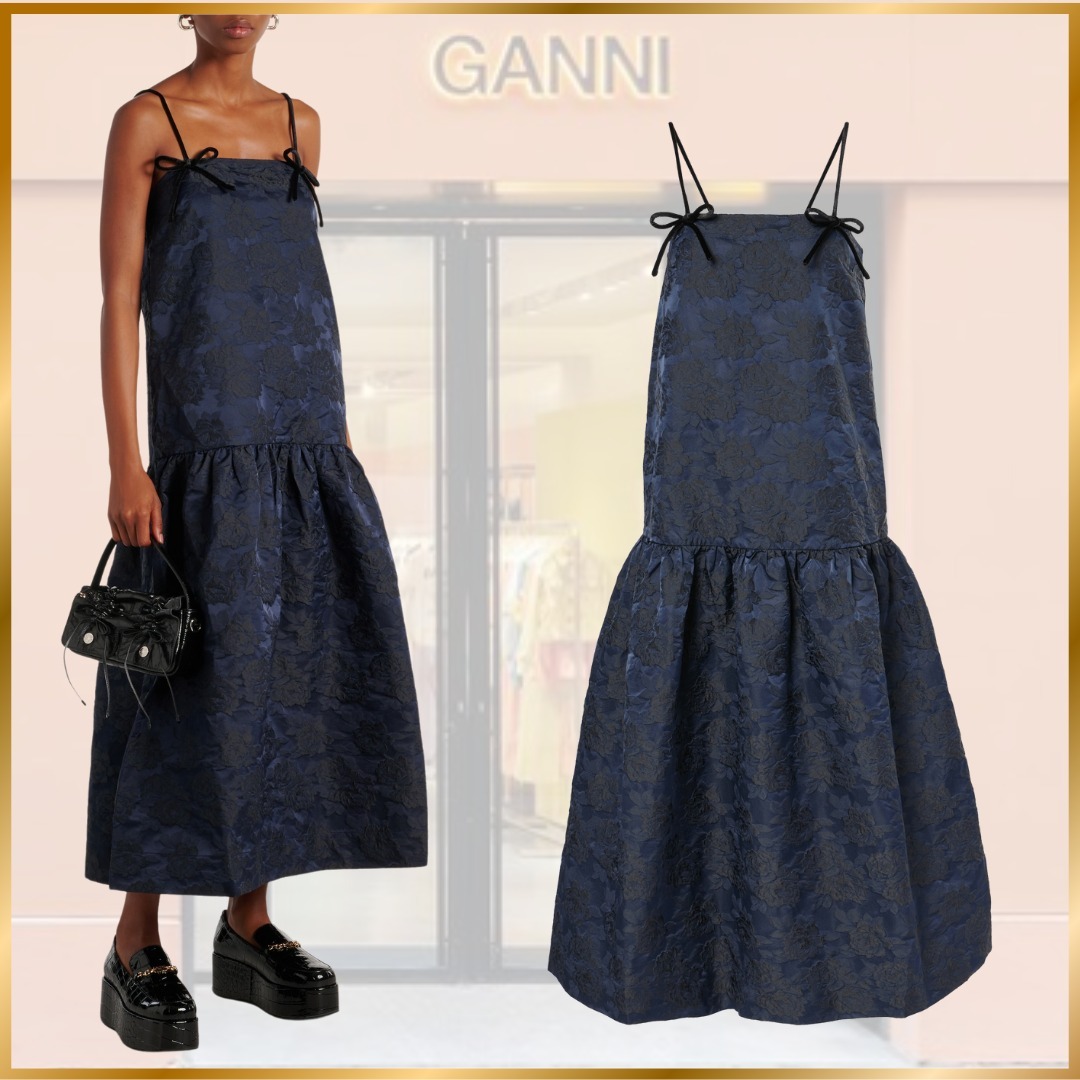 関税込◆Ganni◆リボンディテール 花柄ジャカード ミディドレス