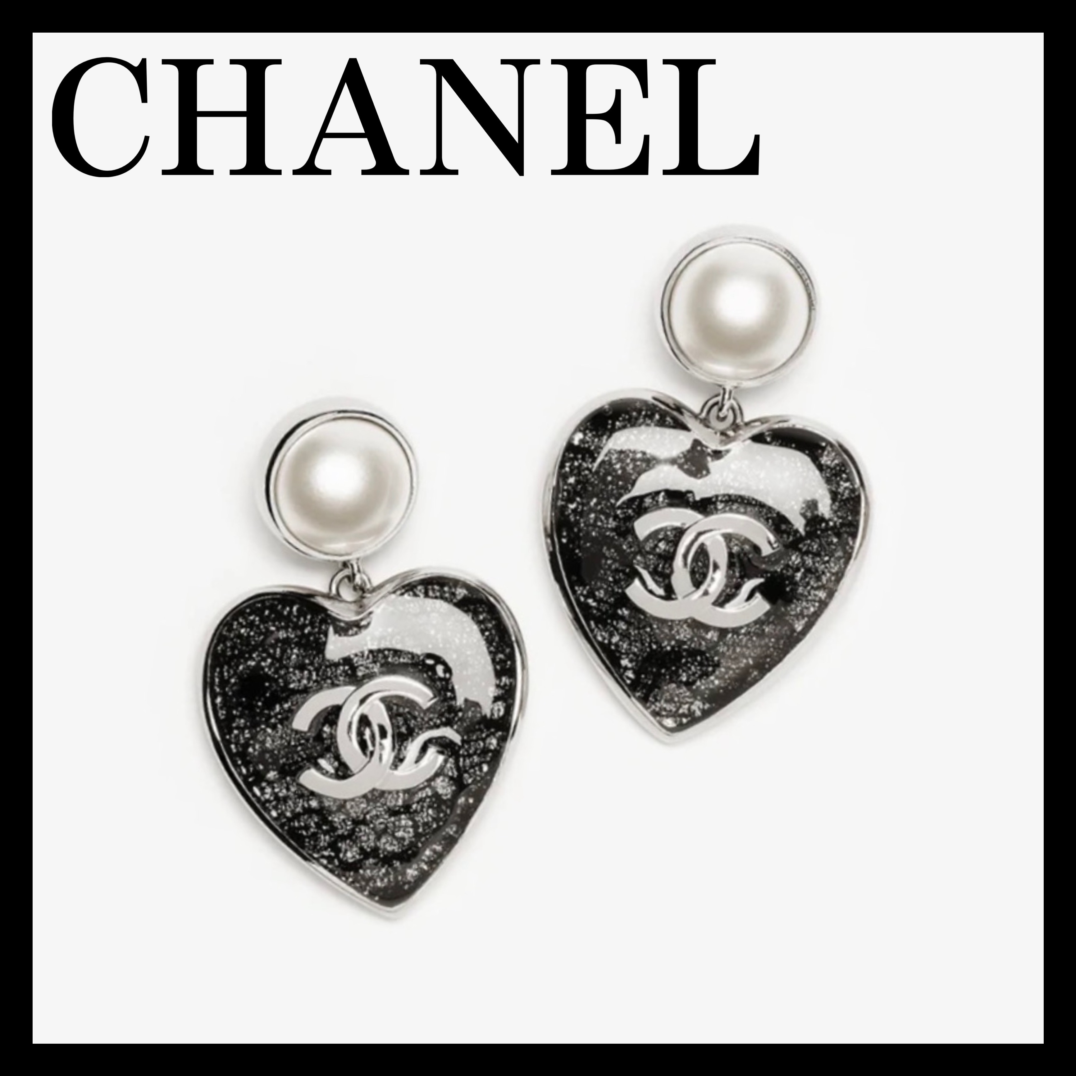 《揺れるハート♪》CHANEL ピアス ブラック シルバー パール
