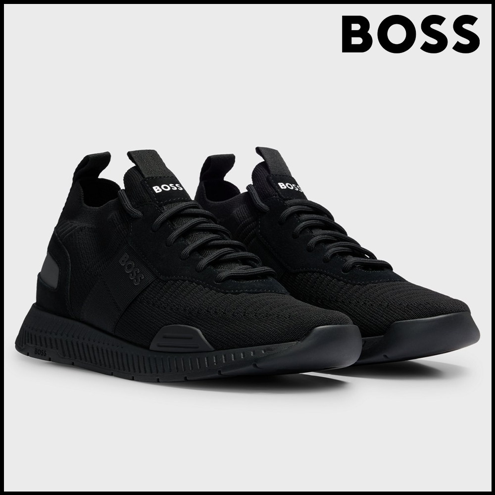 BOSS ニットアッパースニーカー ロゴ＆スエードディテール