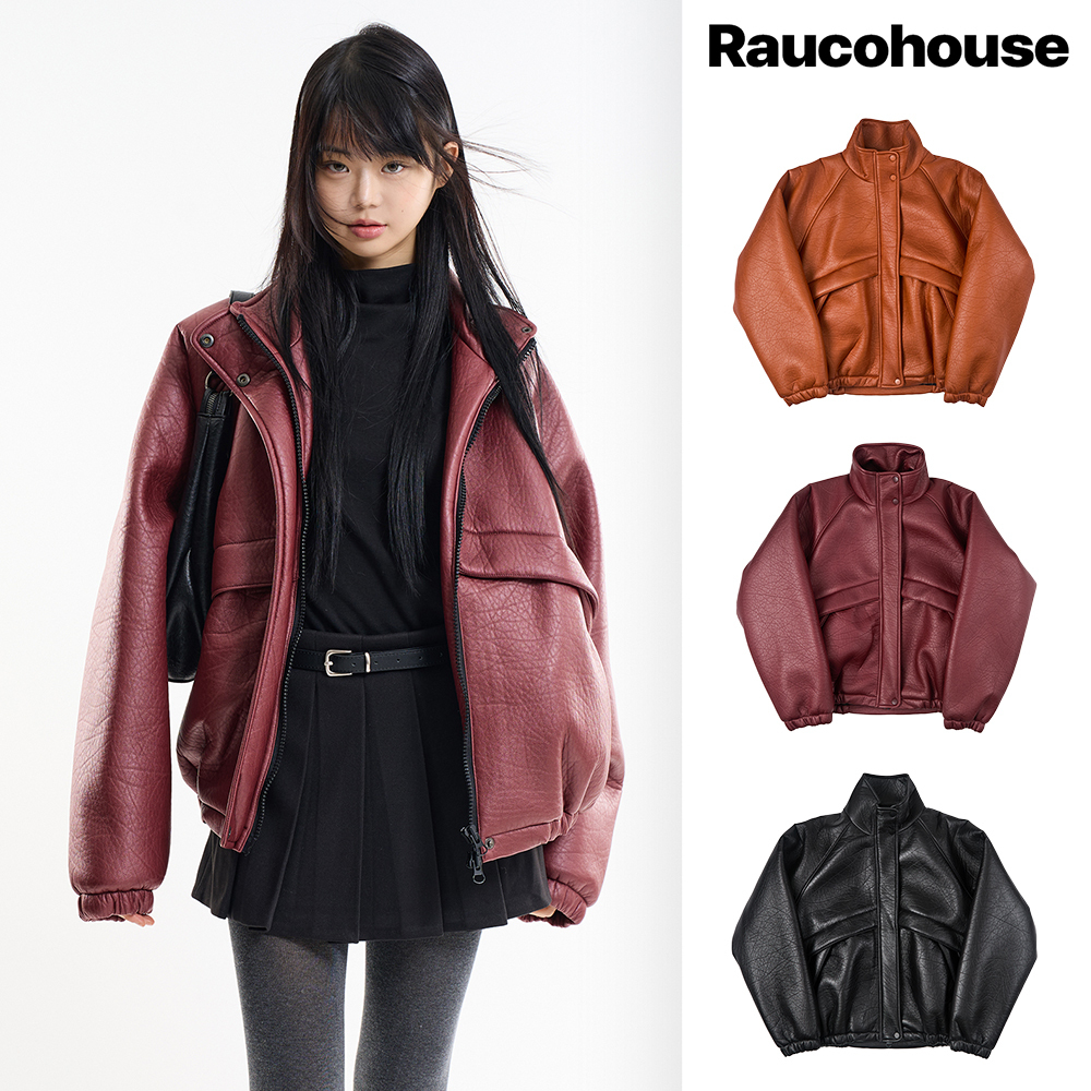 【Raucohouse】Puff raglan texture leather jumper