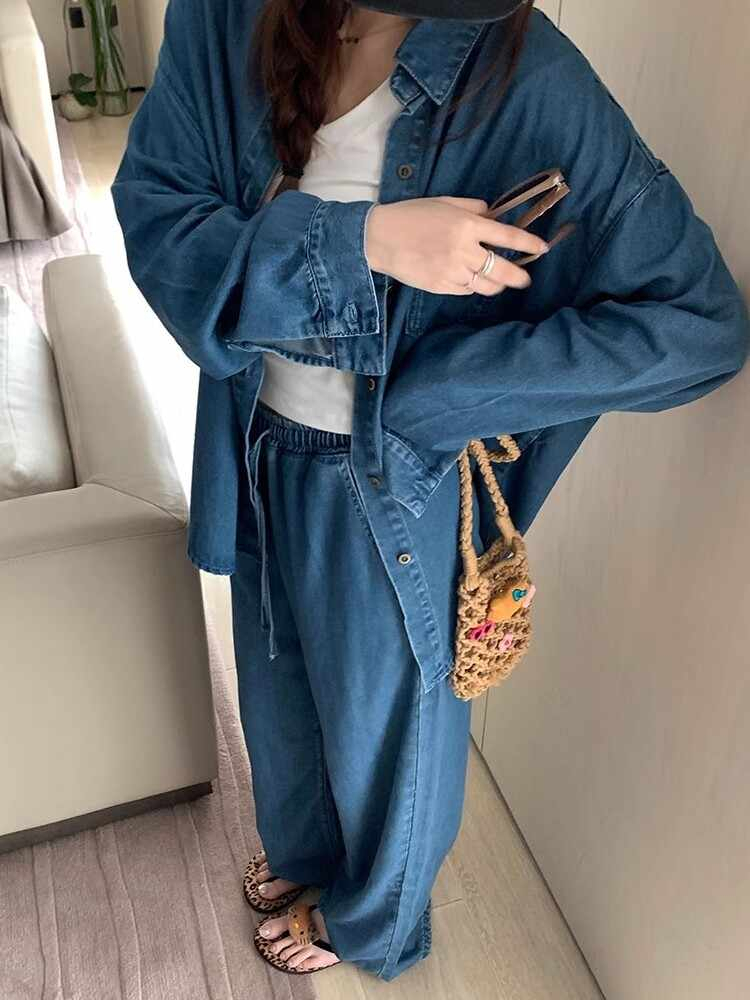 レディース デニムセットアップ ジャケット ワイドパンツ 韓国