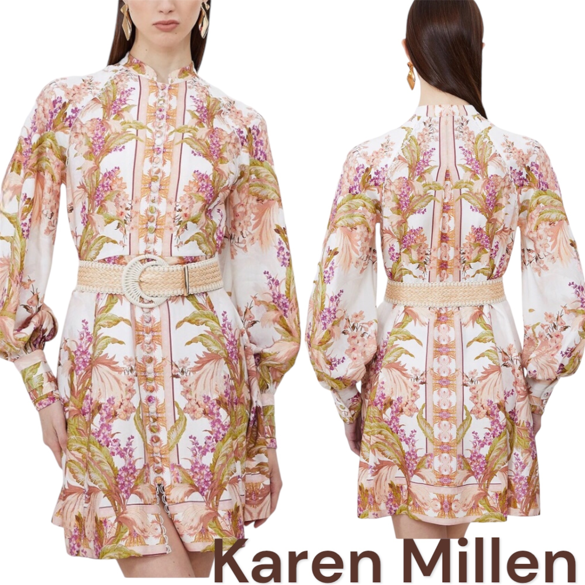 ★Karen Millen★ Mirrored Floral Viscose Linen Mini Dress