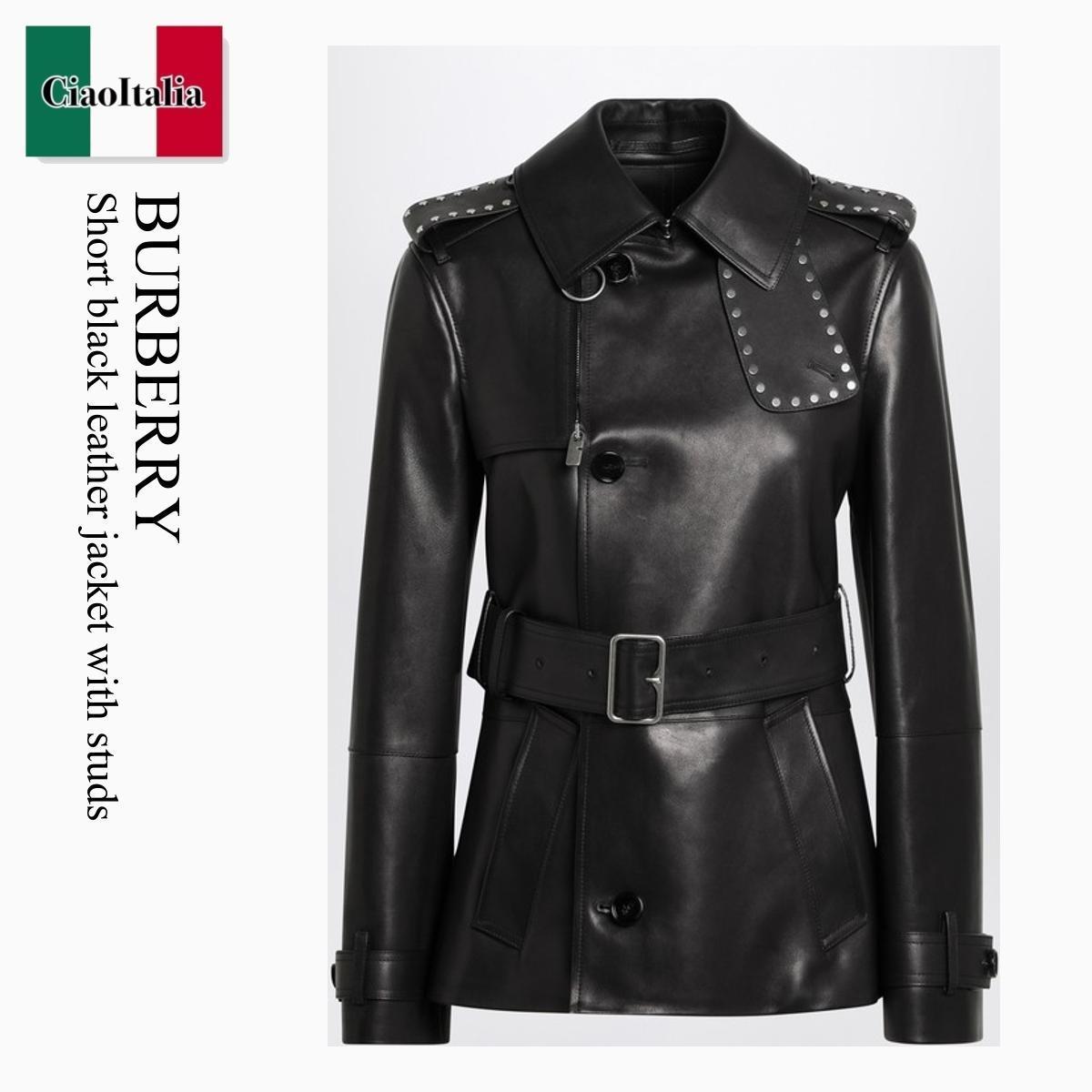 レザージャケット・コート Burberry Short Black Leather Jacket With Studs