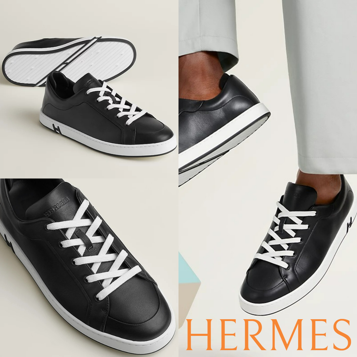 新作メンズ*HERMES*Kid シンプルレザーブラックスニーカー Hロゴ