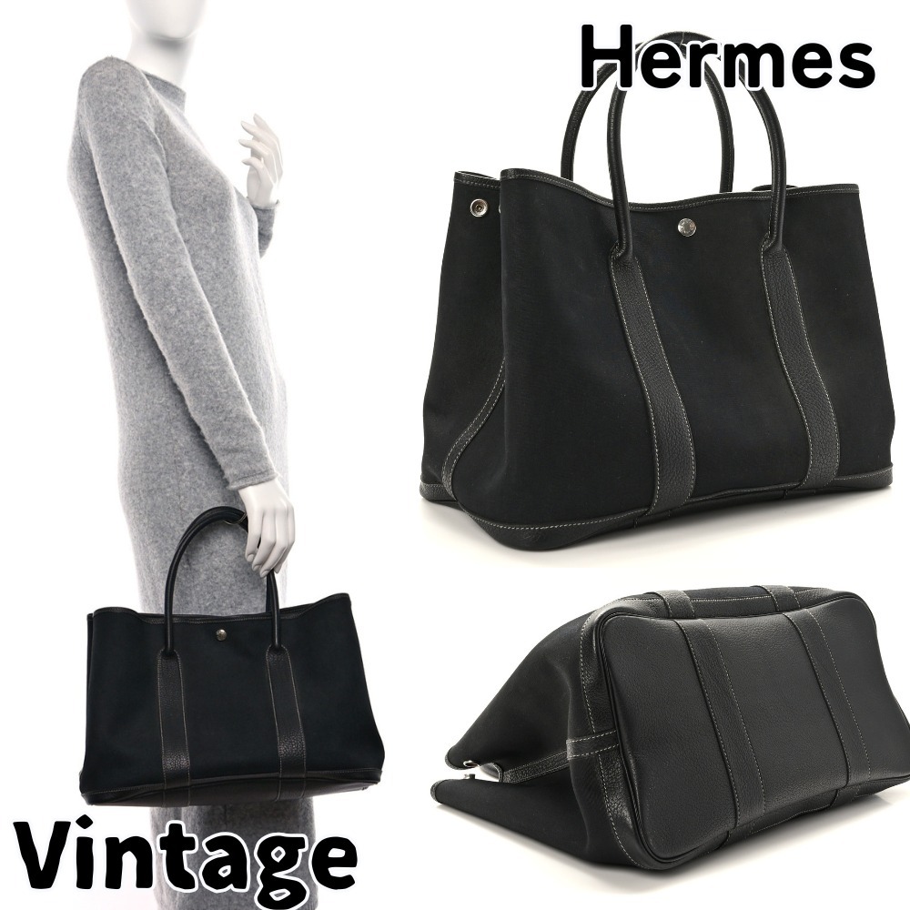 【ヴィンテージ】Rank:B☆Hermes Black Toile トートバッグ