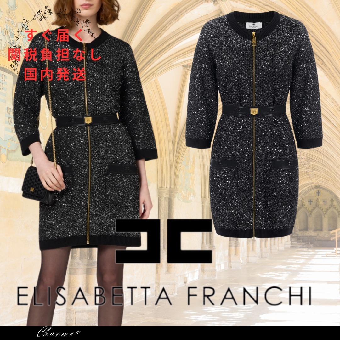 【すぐ届く】ELISABETTA FRANCHI スパンコール ウールミニドレス