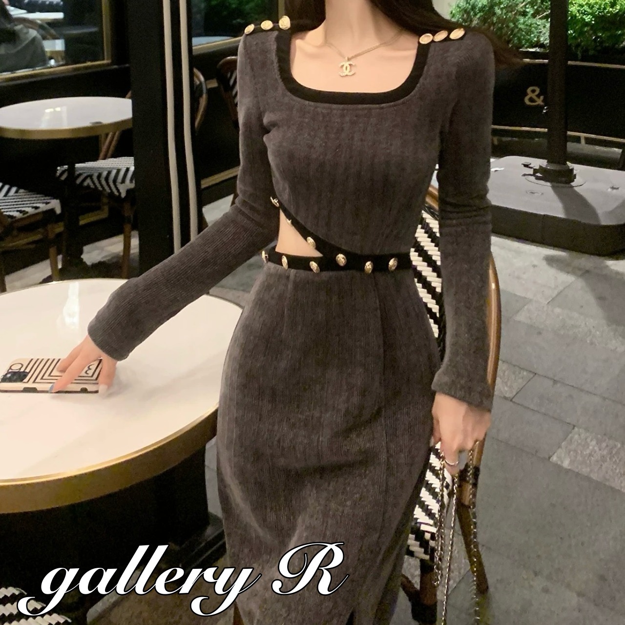 ワンピース ドレス リブ カットオフ バイカラー 長袖 ロング S/L