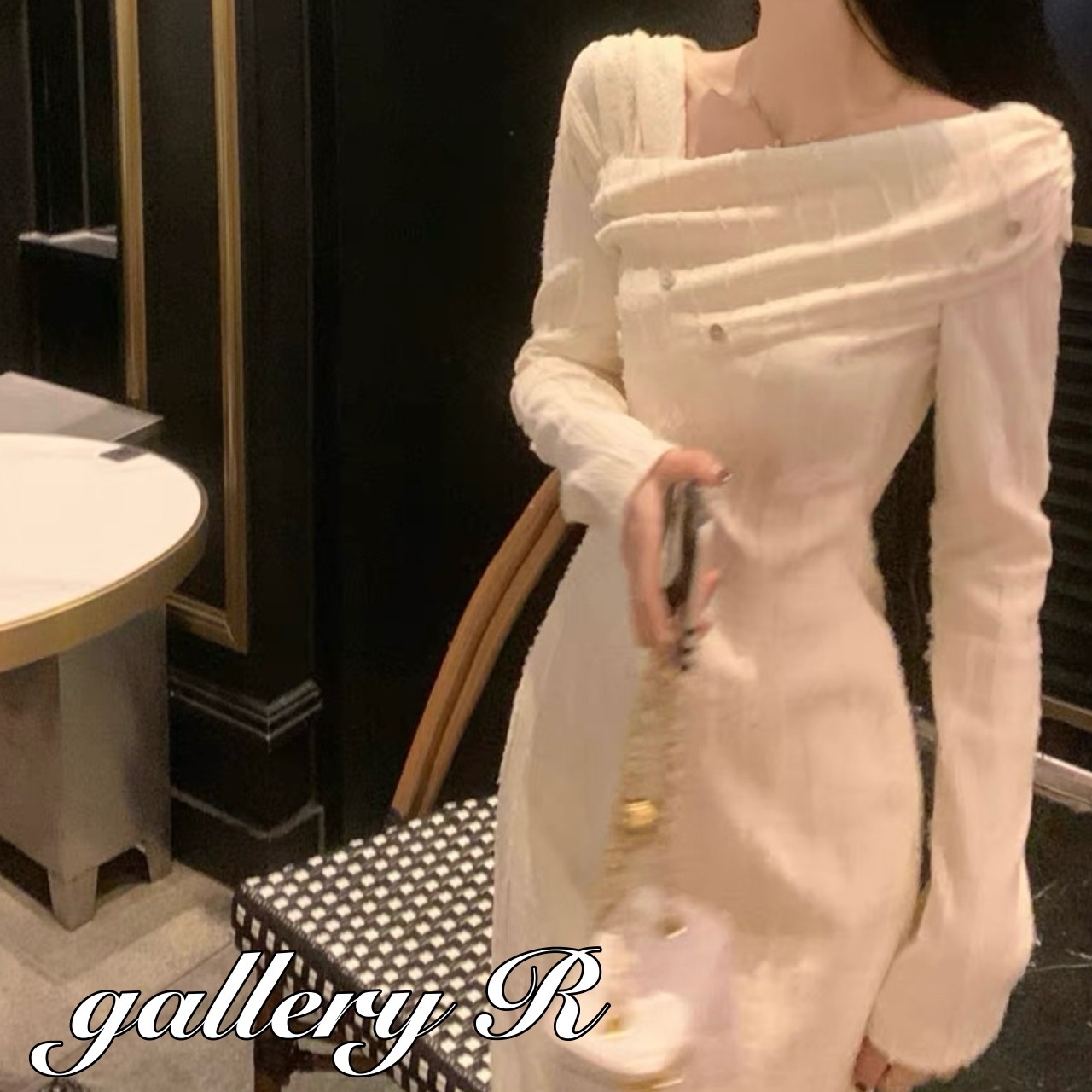 ワンピース ドレス アシンメトリー ドレープ 長袖 ロング S/L
