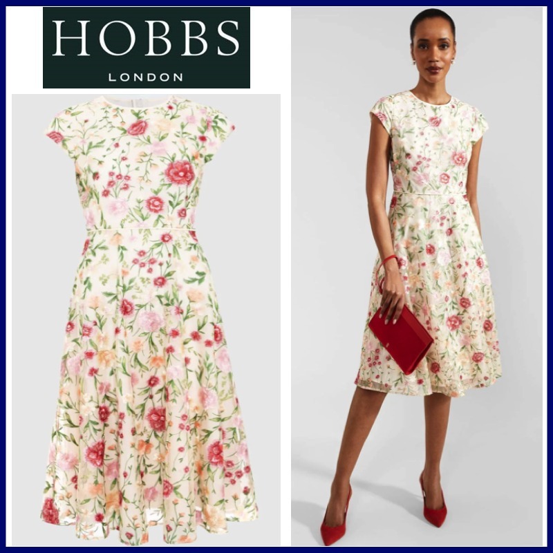 【HOBBS】刺繍×チュール♪甘めフィット＆フレアワンピース