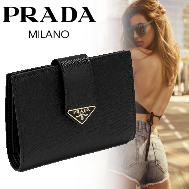 正規店買付【PRADA】レザー スモール 折りたたみ財布