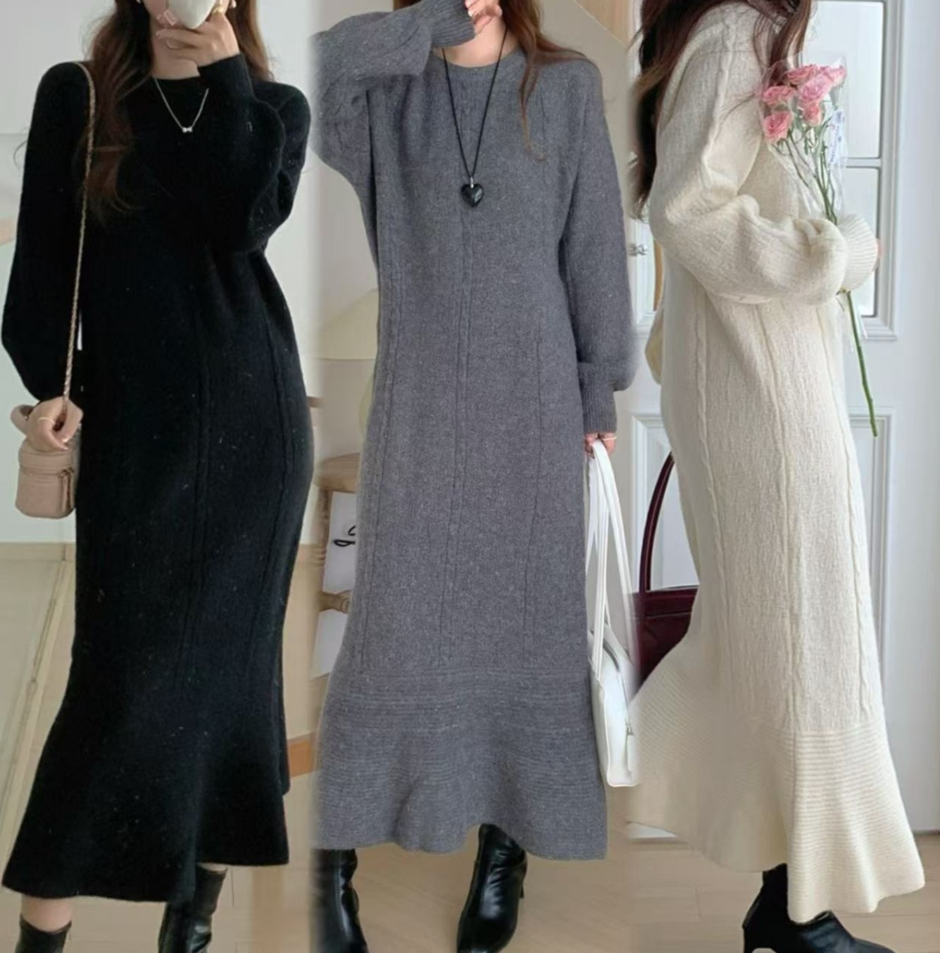 3colors ニット ワンピース 長袖 あったか マーメイド 無地