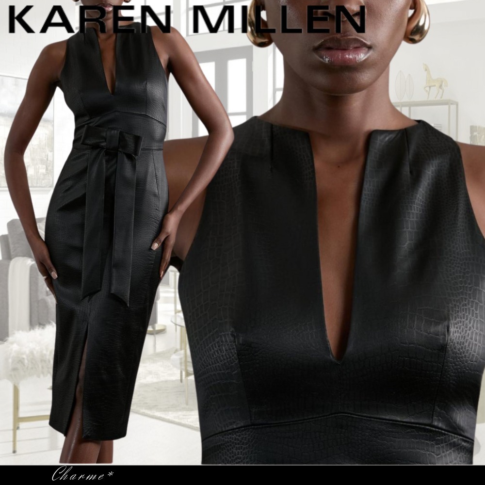 KAREN MILLEN ミディドレス ワンピース サテン Vネック タイト