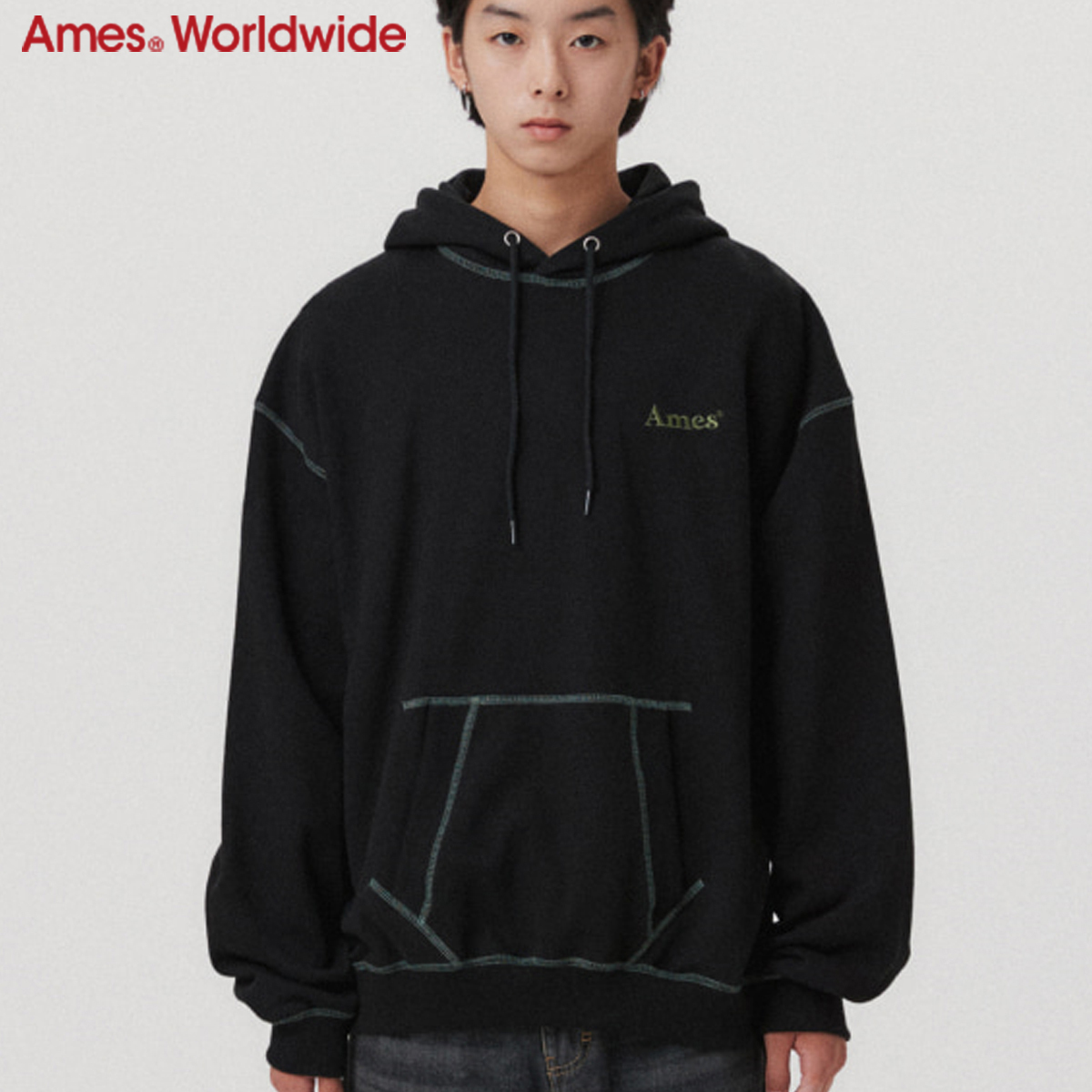 ★AMES-WORLDWIDE★COLOR STITCH AMES HOODIE BLACK★正規品